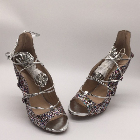 Qupid Woman’s Silver Multi Glitter Open Toe High Heels Size 7 - Picture 13 of 13